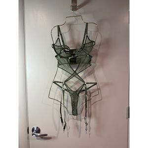 Olive Green Lace One-Piece Bodysuit – XS – Elegant Mesh Lingerie